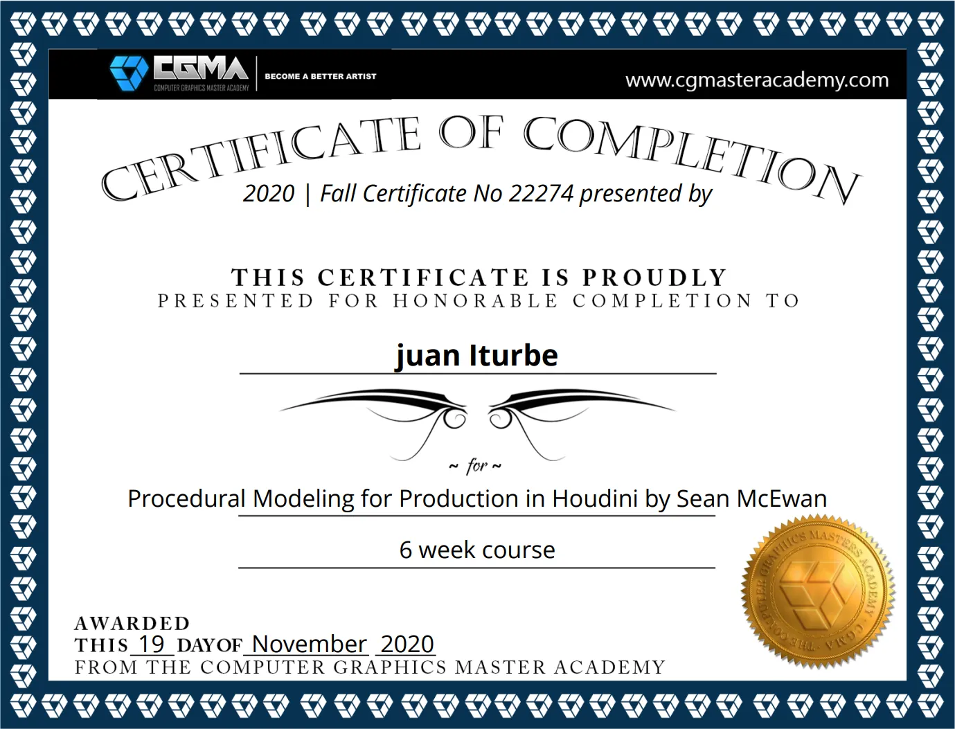 Certificate Procedural Modeling in Houdini - Juan Iturbe